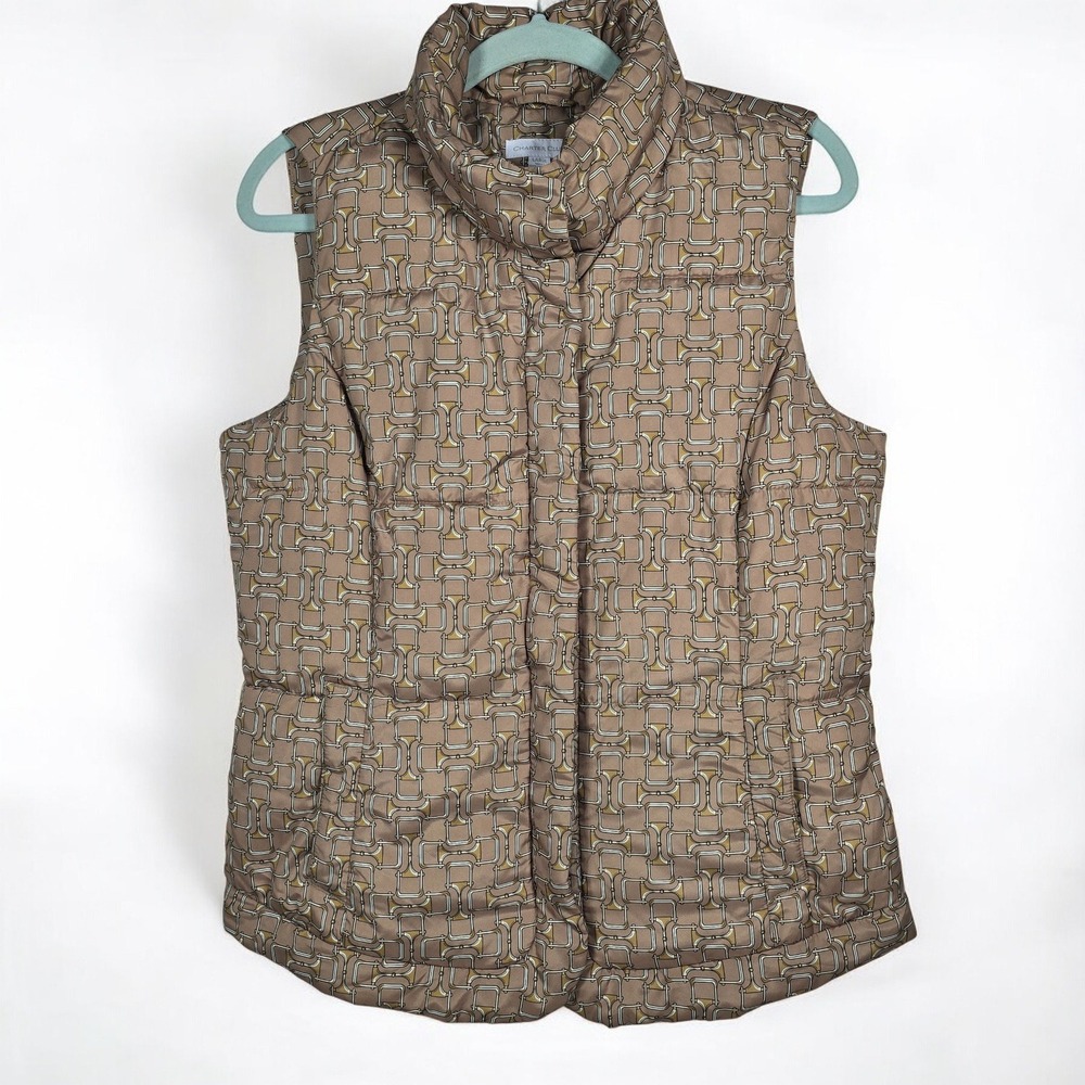 Charter Club Puffer Vest Woman Large Quilted Beige Horse Bit Equestrian Print
